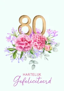 Verjaardagskaart roze pioenen 80 in hout