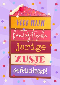 Verjaardagskaart taart cake confetti jarig zusje