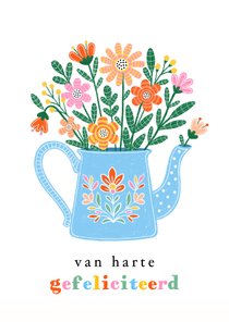 Verjaardagskaart theepot bloemen blauw