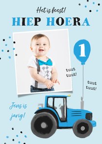 Verjaardagskaart tractor confetti blauw jongen ballon