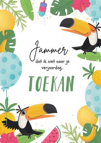 Verjaardagskaart tropisch toekan ballonnen fruit
