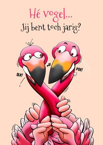 Verjaardagskaart twee flamingo's met wijn