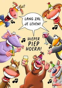 Verjaardagskaart voor de jarige met vrolijke dieren