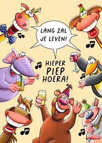 Verjaardagskaart voor de jarige met vrolijke dieren