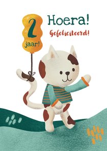 Verjaardagskaart voor kind met katje en ballon