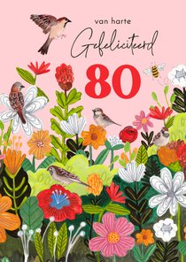 Verjaardagskaart vrolijk fleurig veldbloemen roze