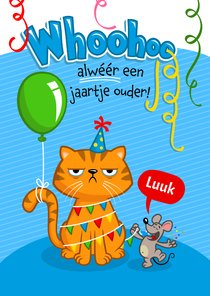 Verjaardagskaart vrolijke kat met ballon