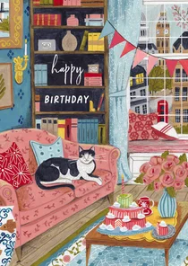 Verjaardagskaart vrouw kat Londen illustratie
