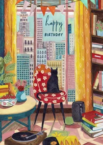 Verjaardagskaart vrouw kat New York illustratie