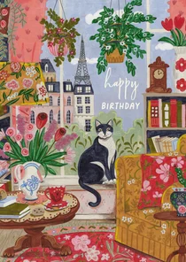 Verjaardagskaart vrouw kat Parijs illustratie