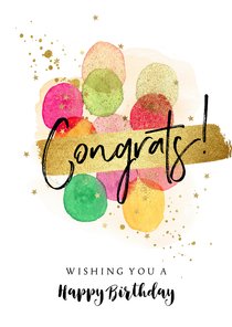 Verjaardagskaart watercolor ballonnen goud sterren