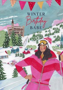Verjaardagskaart winter vrouw in skipak