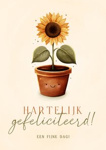 Verjaardagskaart zonnebloem met gezichtje van harte