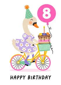 Verjaardagskaart zwaan fiets ballon