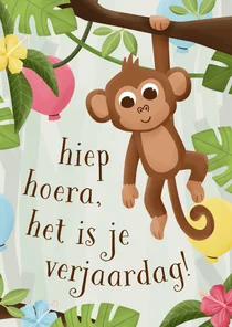 Verjaardagskaartje aapje jungle ballonnen hoera