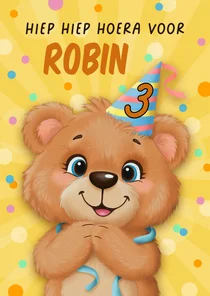 Verjaardagskaartje een blij beertje met feestmuts