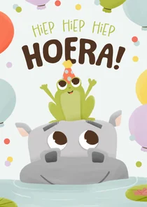 Verjaardagskaartje kind met nijlpaard en kikker ballonnen