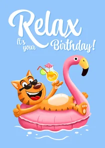 Verjaardagskaartje met relaxte kat in flamingo zwemband!