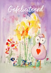 Verjaarsdagkaart met bloemen en vogel