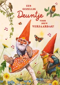 Verjaarsdagskaart kabouters spelen een gezellig deuntje
