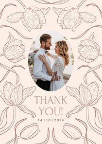 Vintage beige bedankkaart bruiloft met sierlijke bloemen