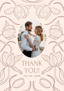 Vintage beige bedankkaart bruiloft met sierlijke bloemen