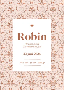 Vintage geboortekaartje met botanisch patroon in beige