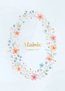 Vintage geboortekaartje met waterverf bloemen en goud