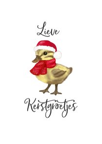 Vintage kerstkaart met eendje met kerstmuts en sjaal