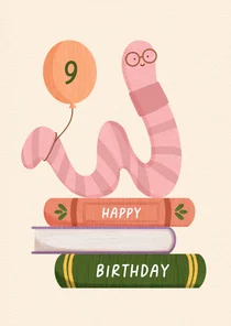 Vorlijke verjaardagskaart met boekenworm illustratie