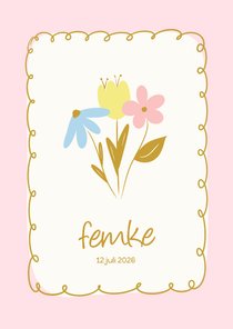 Vrolijk geboortekaartje met roze rand en bloemetjes