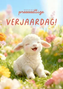 Vrolijk lente verjaardagskaartje met lam en bloemen