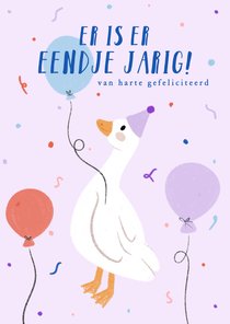 Vrolijk verjaardagskaartje in lila met eend en confetti