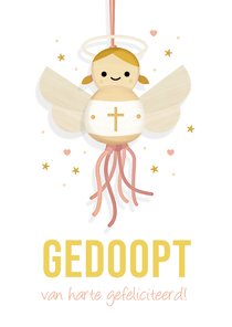 Vrolijke felicitatiekaart doop meisje met gelukspoppetje