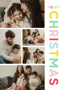 Vrolijke fotocollage kerstkaart met gekleurde typografie