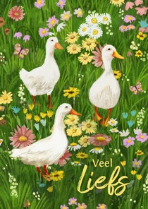 Vrolijke kaart met ganzen in een veld vol bloemen