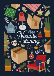 Vrolijke kerst-verhuiskaart met illustraties