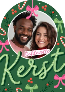 Vrolijke kerstkaart boogvorm met foto en typografie