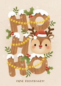 Vrolijke kerstkaart houten Ho Ho Ho met rendier en takjes