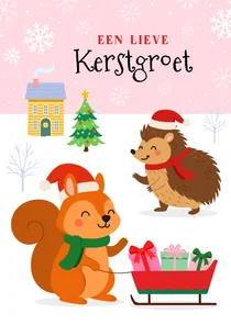 Vrolijke kerstkaart met egel en eekhoorn