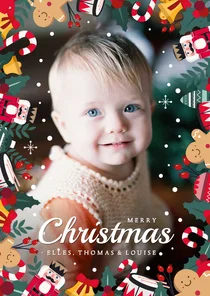 Vrolijke kerstkaart met grote foto en kerstfiguurtjes rondom