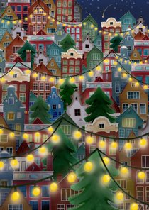 Vrolijke Kerstkaart met huisjes en lichtjes