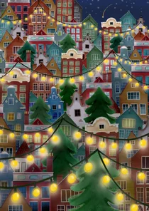 Vrolijke Kerstkaart met huisjes en lichtjes