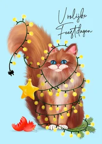 Vrolijke kerstkaart met kat en lichtjes