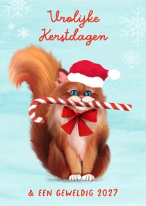 Vrolijke kerstkaart met kat en zuurstok
