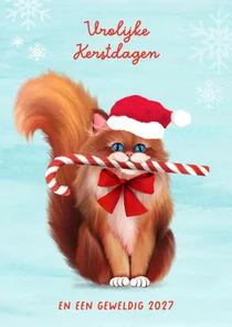 Vrolijke kerstkaart met kat en zuurstok