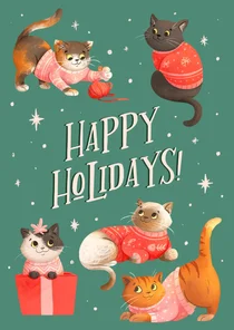 Vrolijke kerstkaart met katten in kersttrui