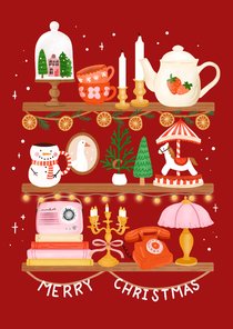 Vrolijke kerstkaart met kerstitems op planken