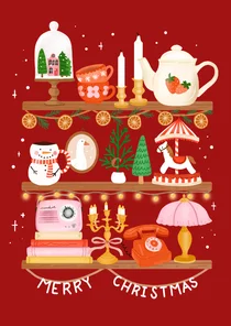 Vrolijke kerstkaart met kerstitems op planken