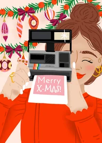 Vrolijke kerstkaart met meisje en polaroid camera